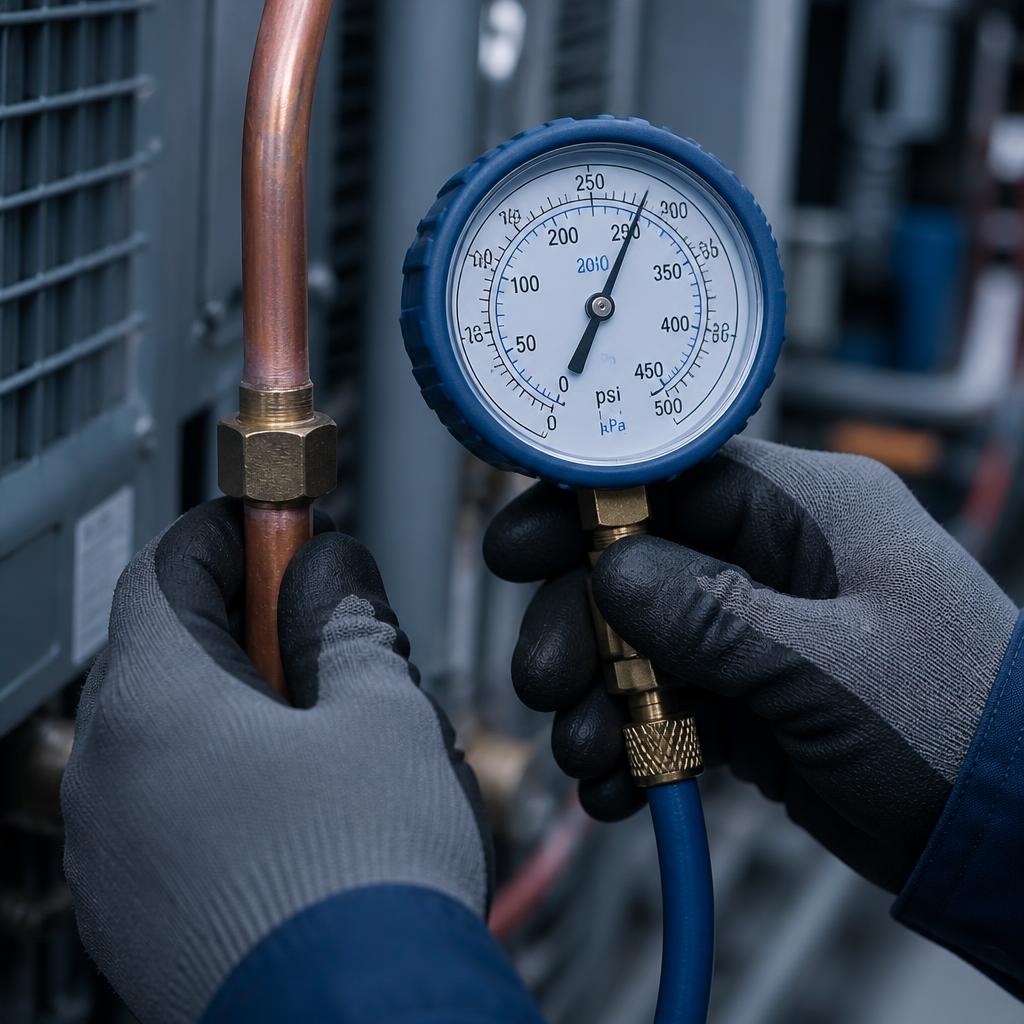 HVAC technician checking refrigerant pressure with a service gauge