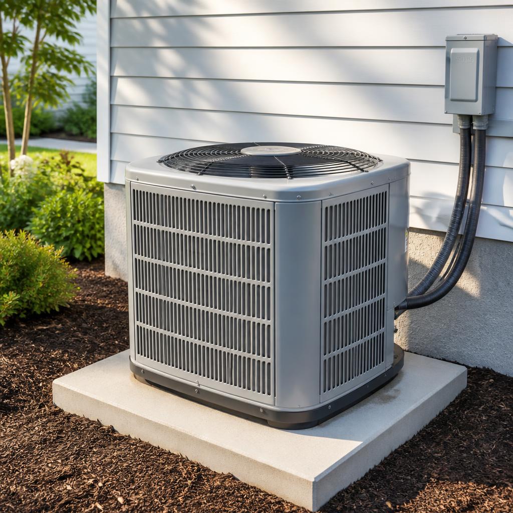 Newly installed outdoor air conditioning condenser on a residential pad