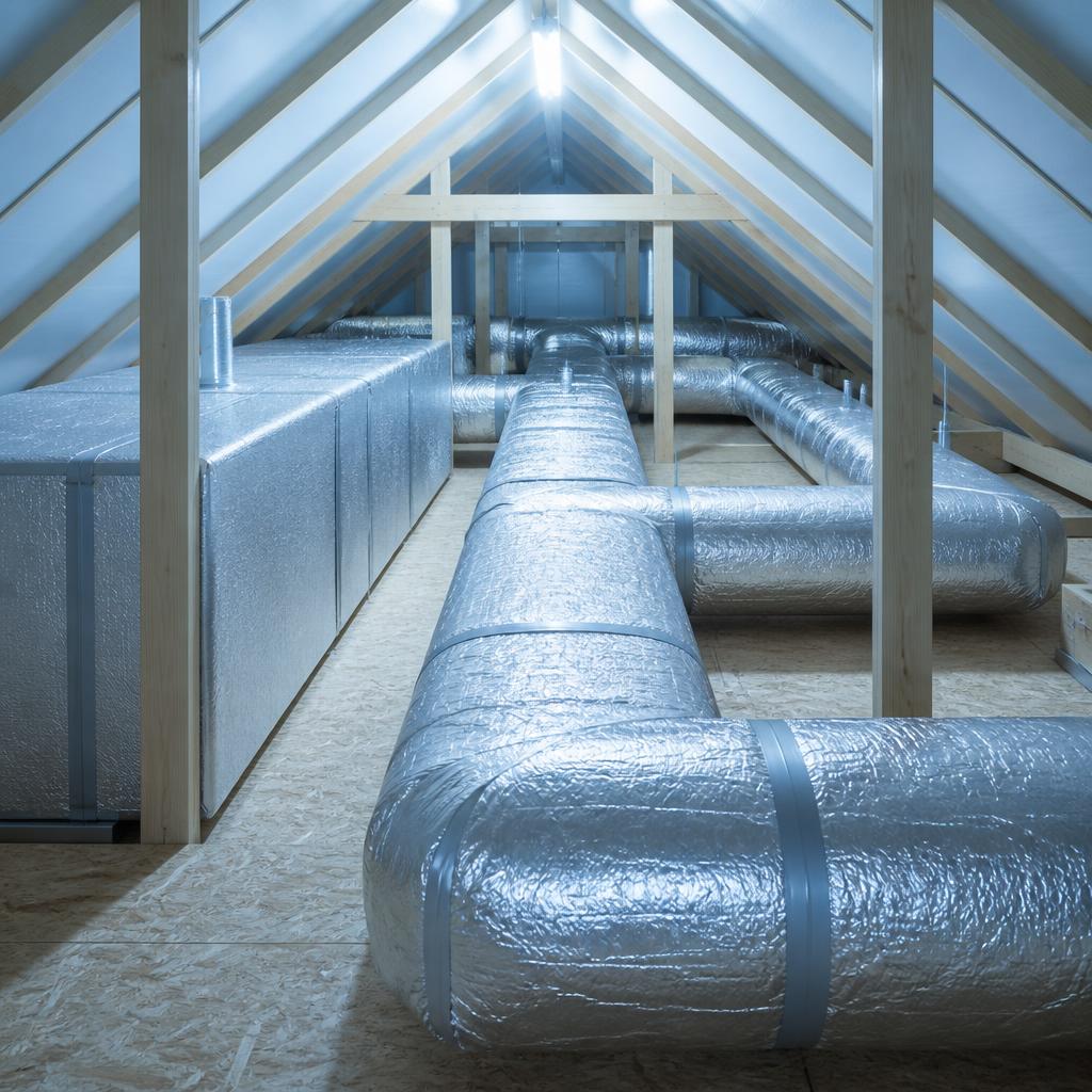 Insulated HVAC ductwork installed in an attic